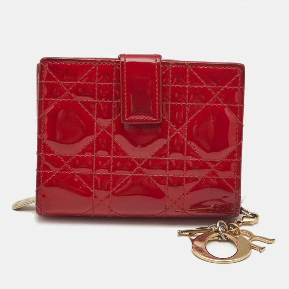 Dior Lady Dior Red Cannaga Patent Leather Compact Wallet